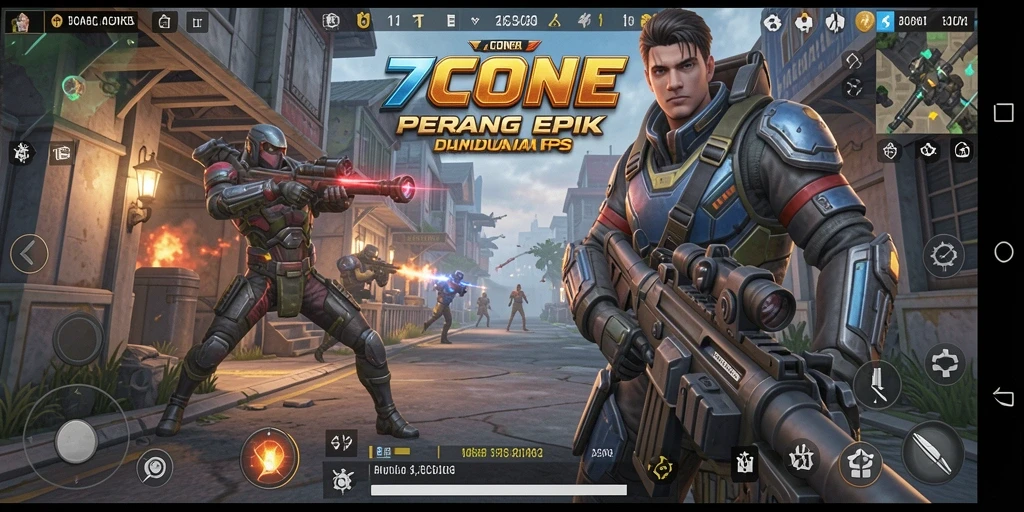 Screenshot gameplay 7CONE menampilkan aksi tembak-menembak yang intens dan dinamis.