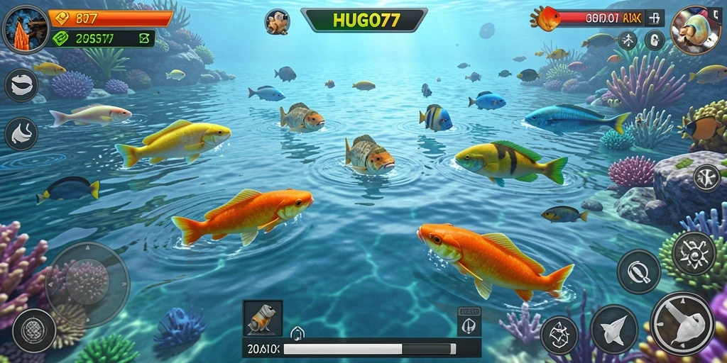 Tampilan gameplay HUGO77 dengan aksi menembak ikan yang seru.