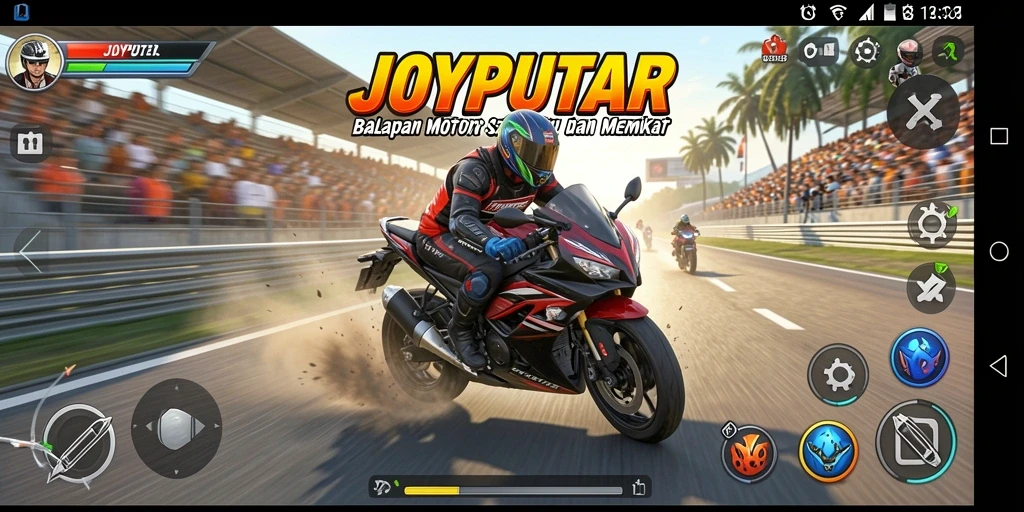 Screenshot menunjukkan aksi balapan mendebarkan di JOYPUTAR.