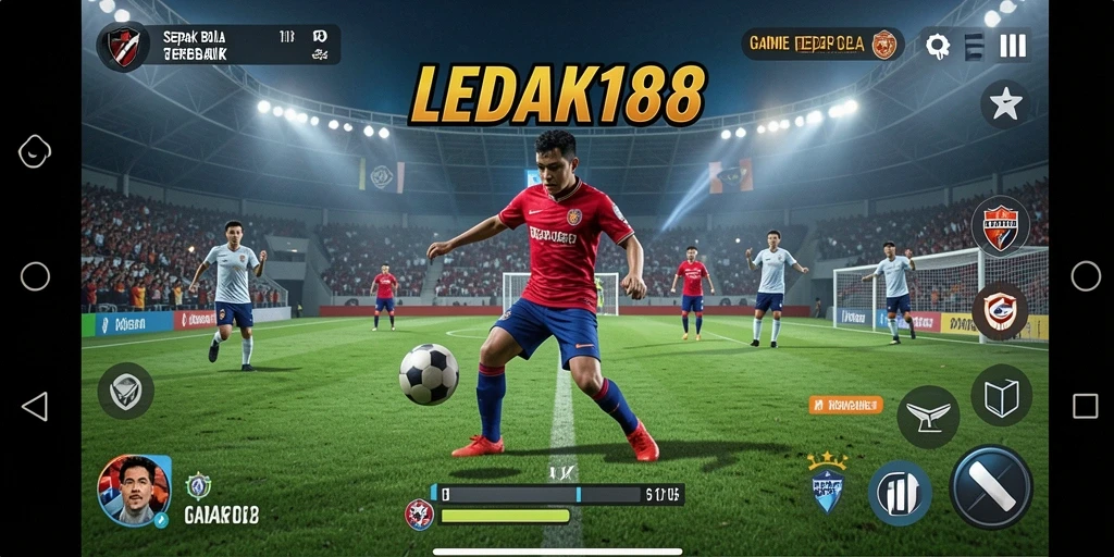 Screenshot utama LEDAK188 menampilkan aksi sepak bola mendebarkan.