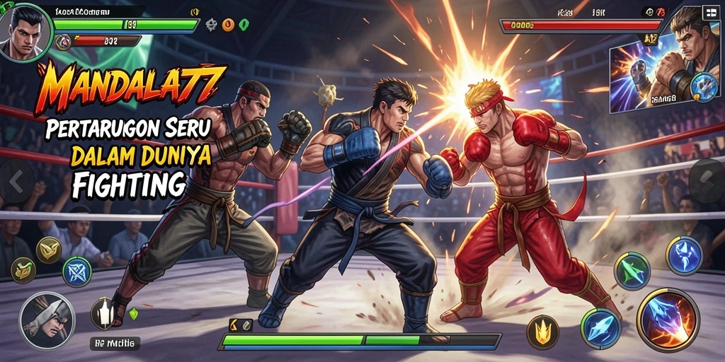 Screenshot gameplay MANDALA77 menampilkan pertarungan yang intens.