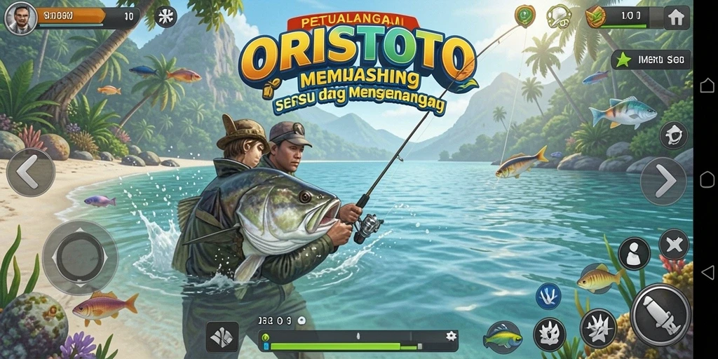 Tampilan gameplay seru ORISTOTO dengan pengalaman memancing yang mendebarkan.