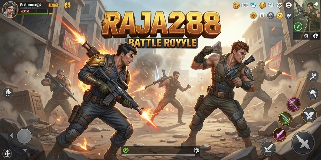 Tangkapan layar utama menunjukkan pertarungan epik dalam <strong>RAJA288</strong> di medan perang Battle Royale.